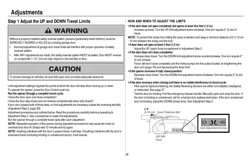 Adjustments, Step 1 adjust the up and down travel limits | Chamberlain 248730 User Manual | Page 29 / 44