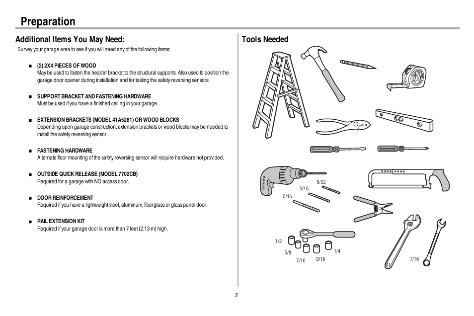 Additional items you may need, Tools needed, Preparation | Chamberlain 248730 User Manual | Page 3 / 44