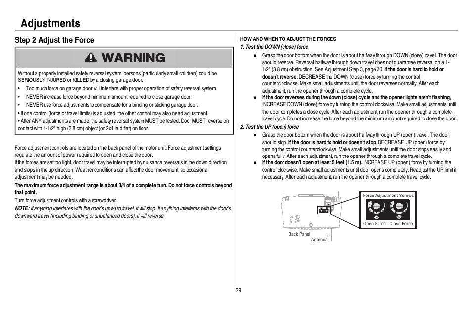 Step 2 adjust the force, Adjustments | Chamberlain 248730 User Manual | Page 30 / 44