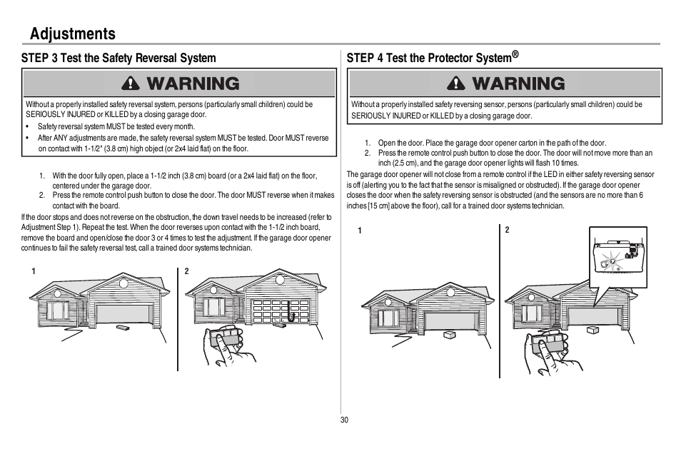 Step 3 test the safety reversal system, Step 4 test the protector system, Adjustments | Chamberlain 248730 User Manual | Page 31 / 44