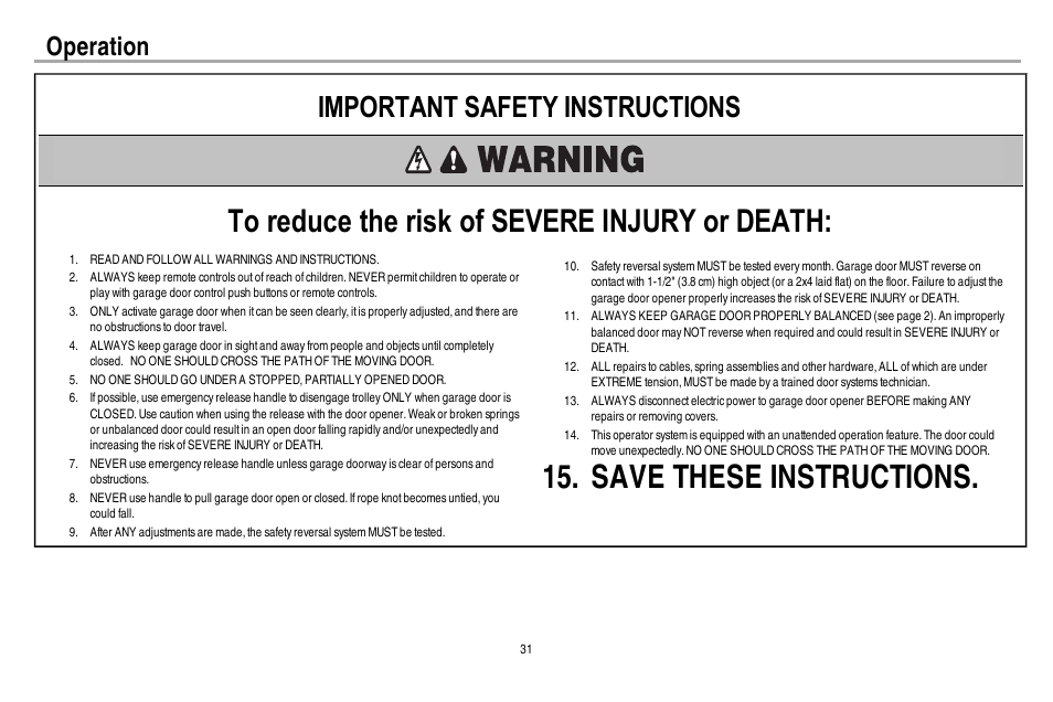 Operation, Save these instructions, Important safety instructions | Chamberlain 248730 User Manual | Page 32 / 44