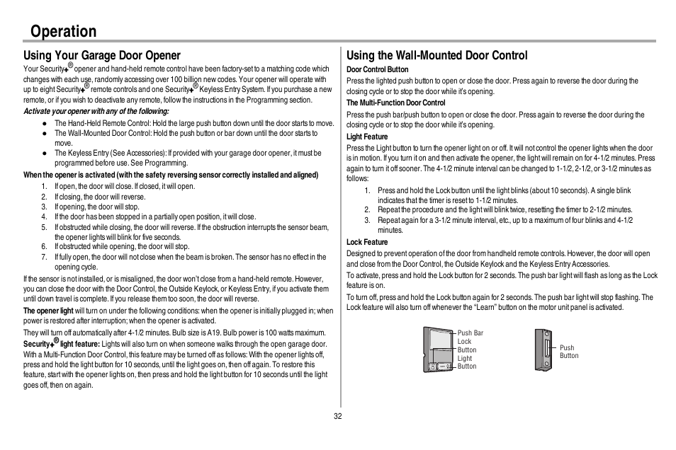 Using your garage door opener, Using the wall-mounted door control, Operation | Chamberlain 248730 User Manual | Page 33 / 44