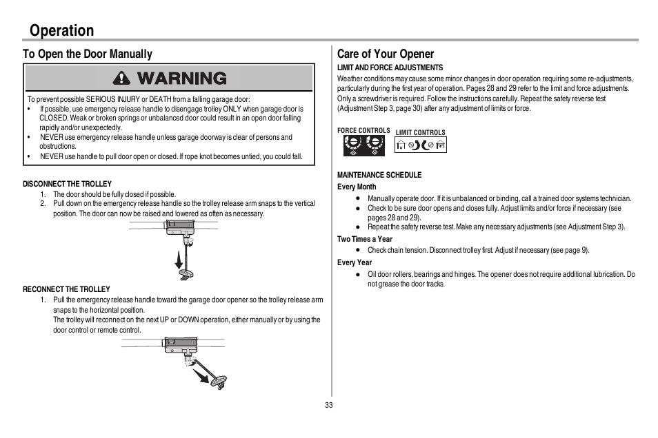 To open the door manually, Care of your opener, Operation | Chamberlain 248730 User Manual | Page 34 / 44