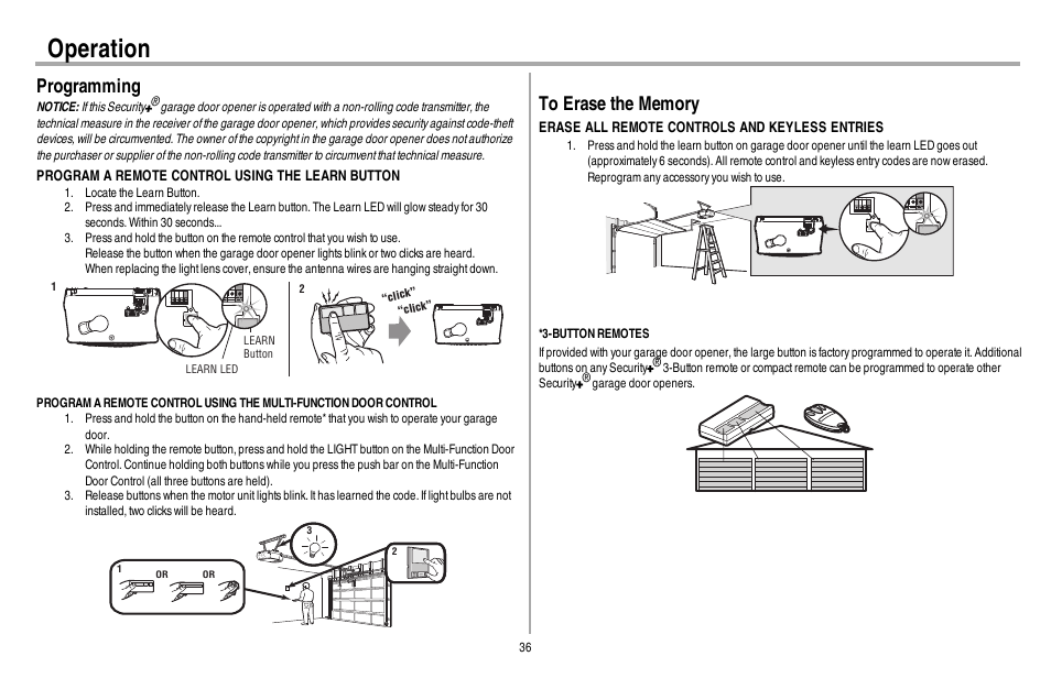 Programming, To erase the memory, Operation | Chamberlain 248730 User Manual | Page 37 / 44