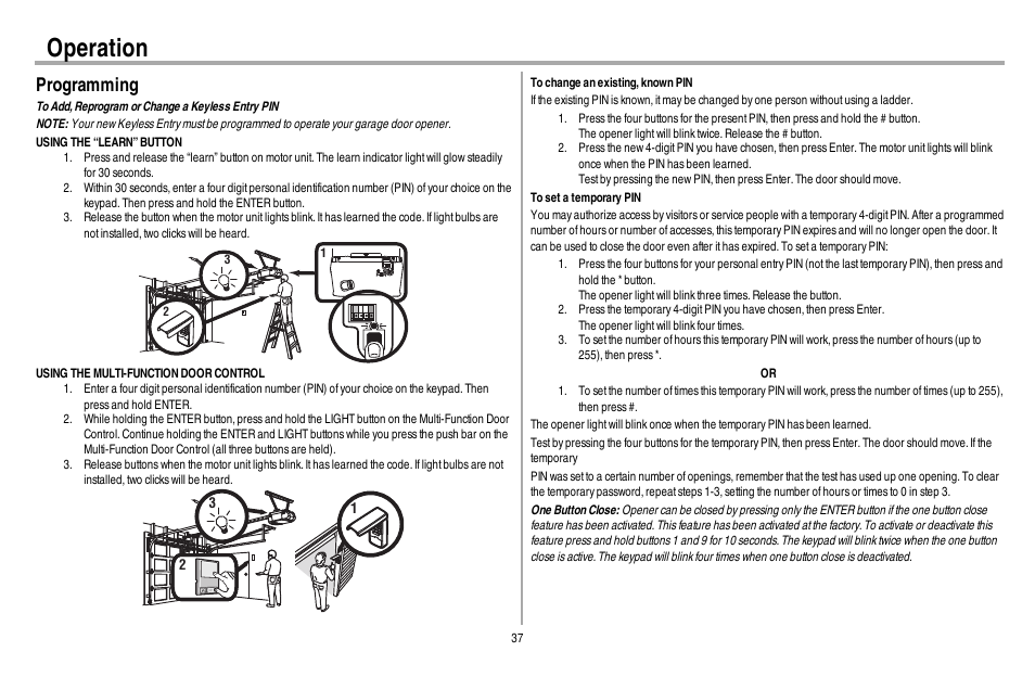 Operation, Programming | Chamberlain 248730 User Manual | Page 38 / 44