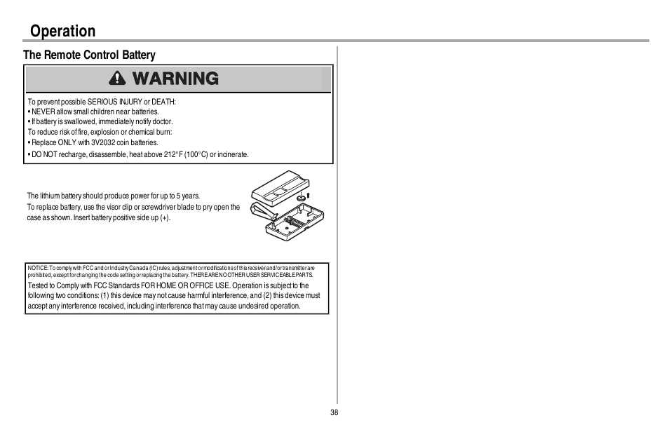 The remote control battery, Operation | Chamberlain 248730 User Manual | Page 39 / 44