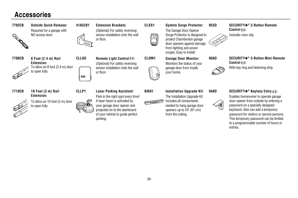 Accessories | Chamberlain 248730 User Manual | Page 40 / 44