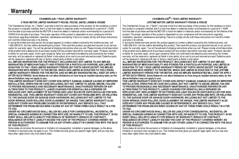 Warranty | Chamberlain 248730 User Manual | Page 41 / 44