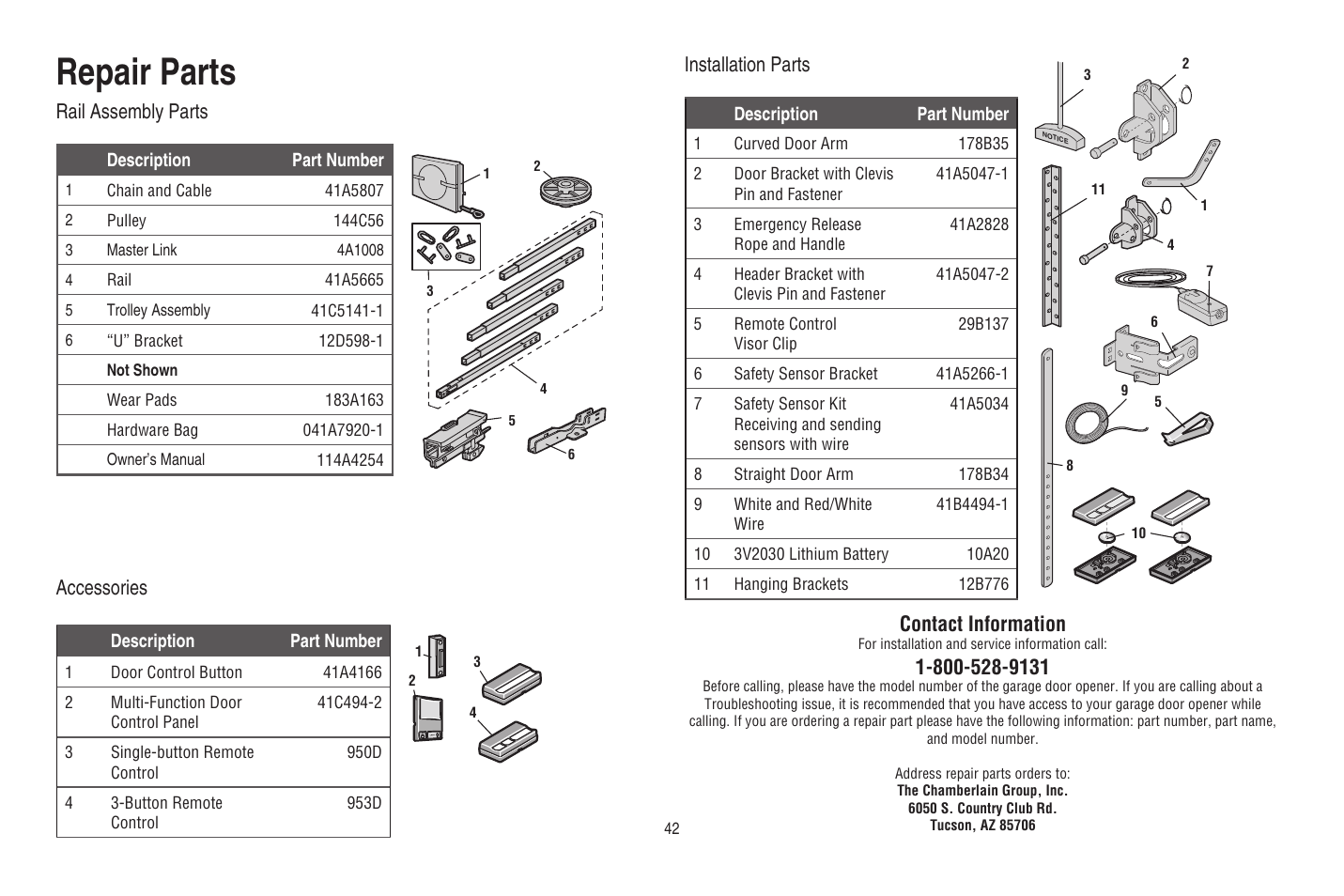 Repair parts, Rail assembly parts, Accessories | Installation parts, Contact information, Rail assembly parts accessories installation parts | Chamberlain 248730 User Manual | Page 43 / 44