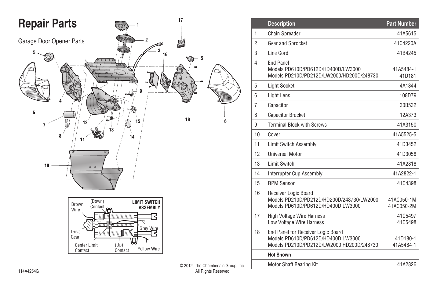 Garage door opener parts, Repair parts | Chamberlain 248730 User Manual | Page 44 / 44