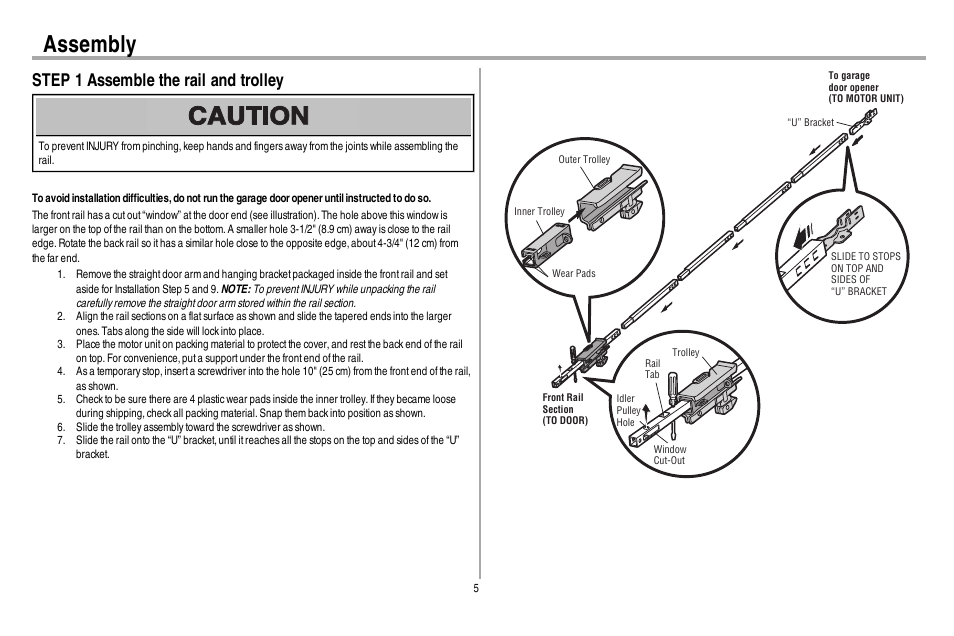 Assembly, Step 1 assemble the rail and trolley | Chamberlain 248730 User Manual | Page 6 / 44