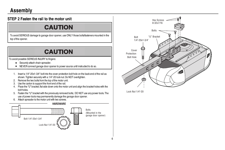 Step 2 fasten the rail to the motor unit, Assembly | Chamberlain 248730 User Manual | Page 7 / 44