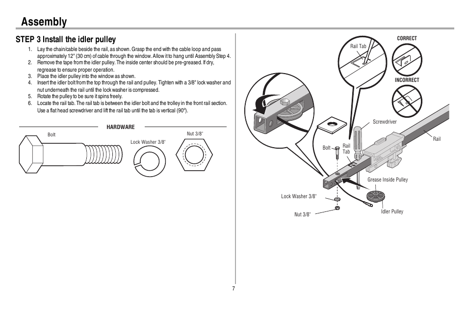 Step 3 install the idler pulley, Assembly | Chamberlain 248730 User Manual | Page 8 / 44