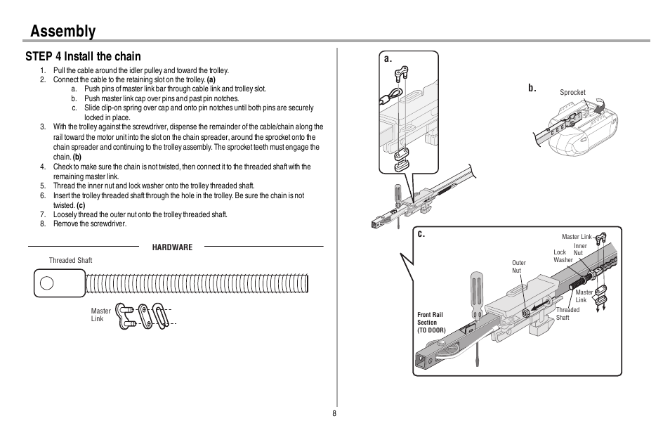 Step 4 install the chain, Assembly, B. a | Chamberlain 248730 User Manual | Page 9 / 44