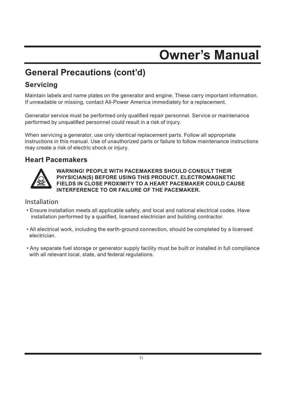 Owner’s manual, General precautions (cont’d), Servicing | Heart pacemakers, Installation | All Power APG3590CN User Manual | Page 11 / 48