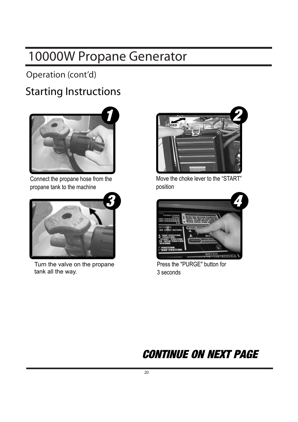 Starting instructions, Operation (cont’d) | All Power APG3590CN User Manual | Page 20 / 48