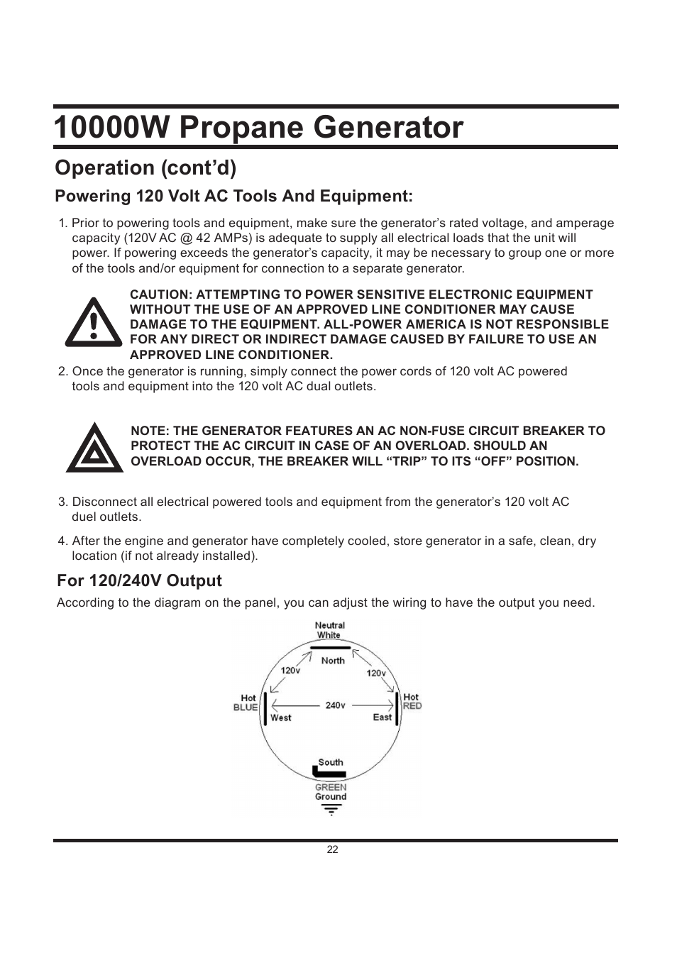 Operation (cont’d), Powering 120 volt ac tools and equipment | All Power APG3590CN User Manual | Page 22 / 48