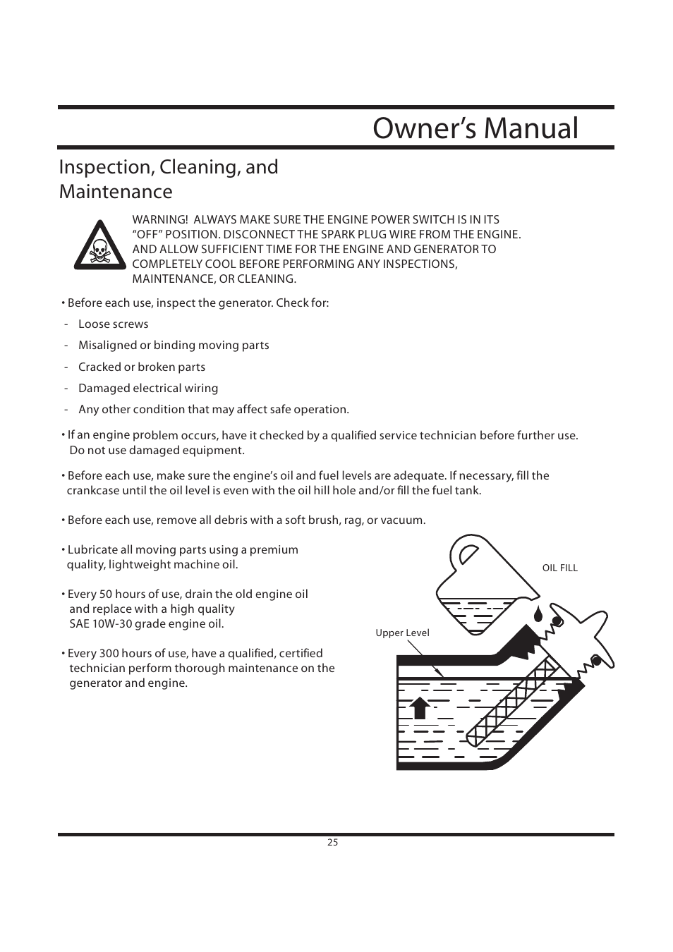 Owner’s manual, Inspection, cleaning, and maintenance | All Power APG3590CN User Manual | Page 25 / 48