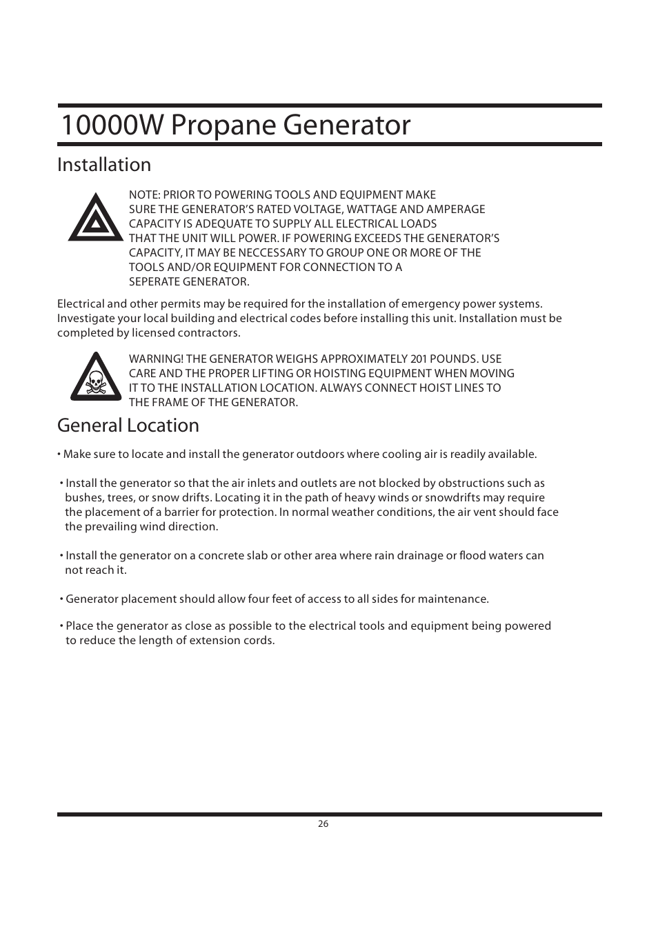 Installation, General location | All Power APG3590CN User Manual | Page 26 / 48