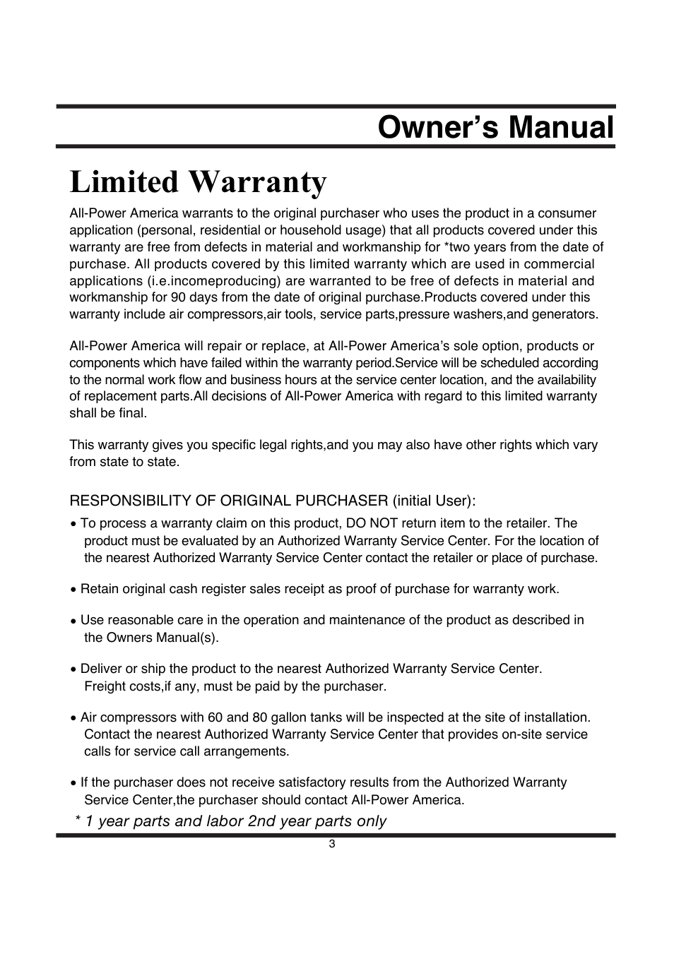 Limited warranty, Ownerʼs manual | All Power APG3590CN User Manual | Page 3 / 48