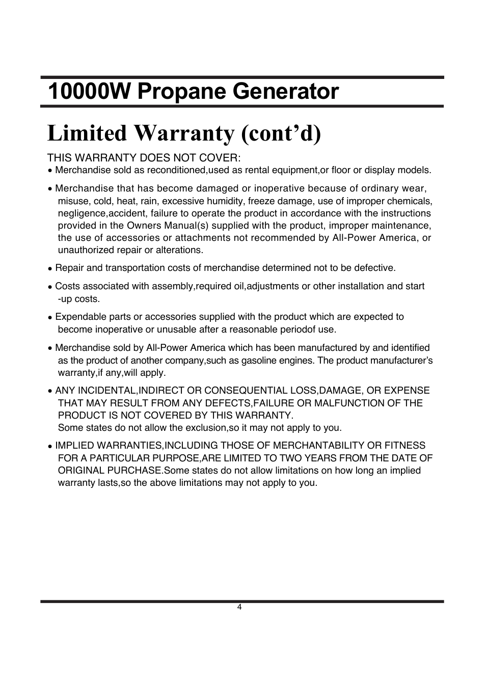 Limited warranty (cont’d) | All Power APG3590CN User Manual | Page 4 / 48