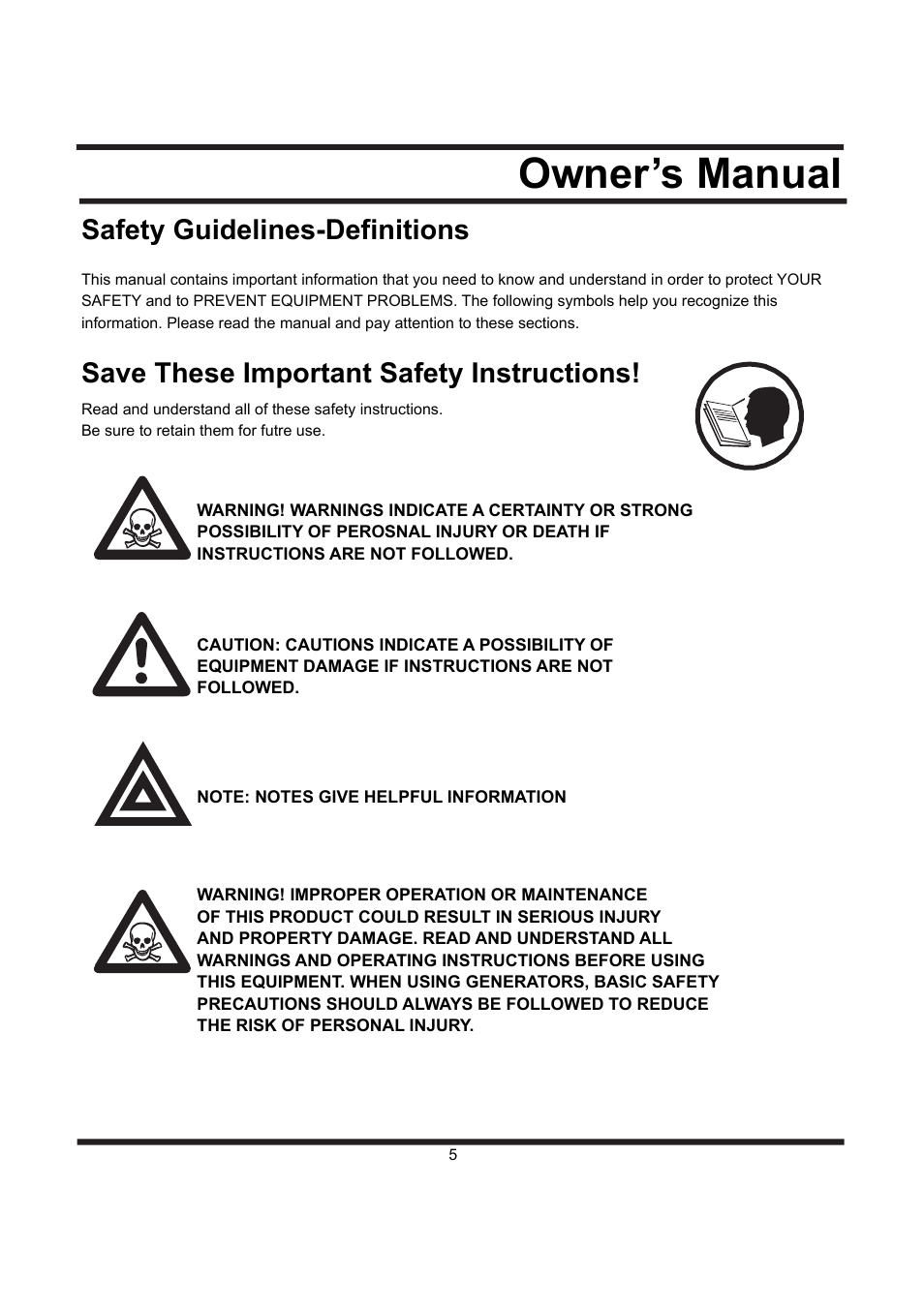 Owner’s manual | All Power APG3590CN User Manual | Page 5 / 48