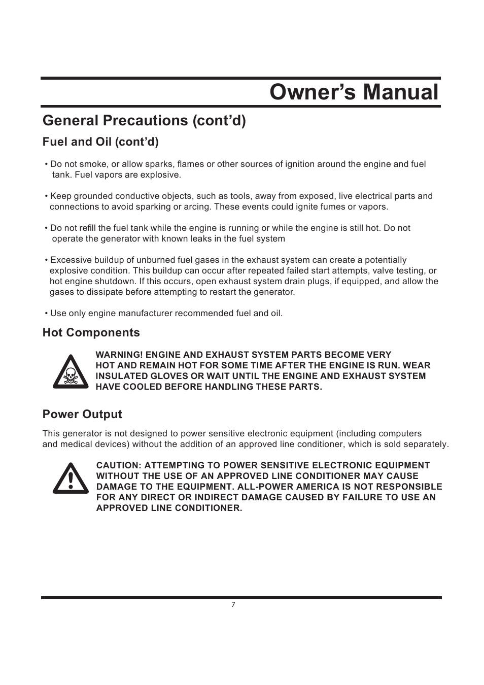 Owner’s manual, General precautions (cont’d), Fuel and oil (cont’d) | Hot components, Power output | All Power APG3590CN User Manual | Page 7 / 48