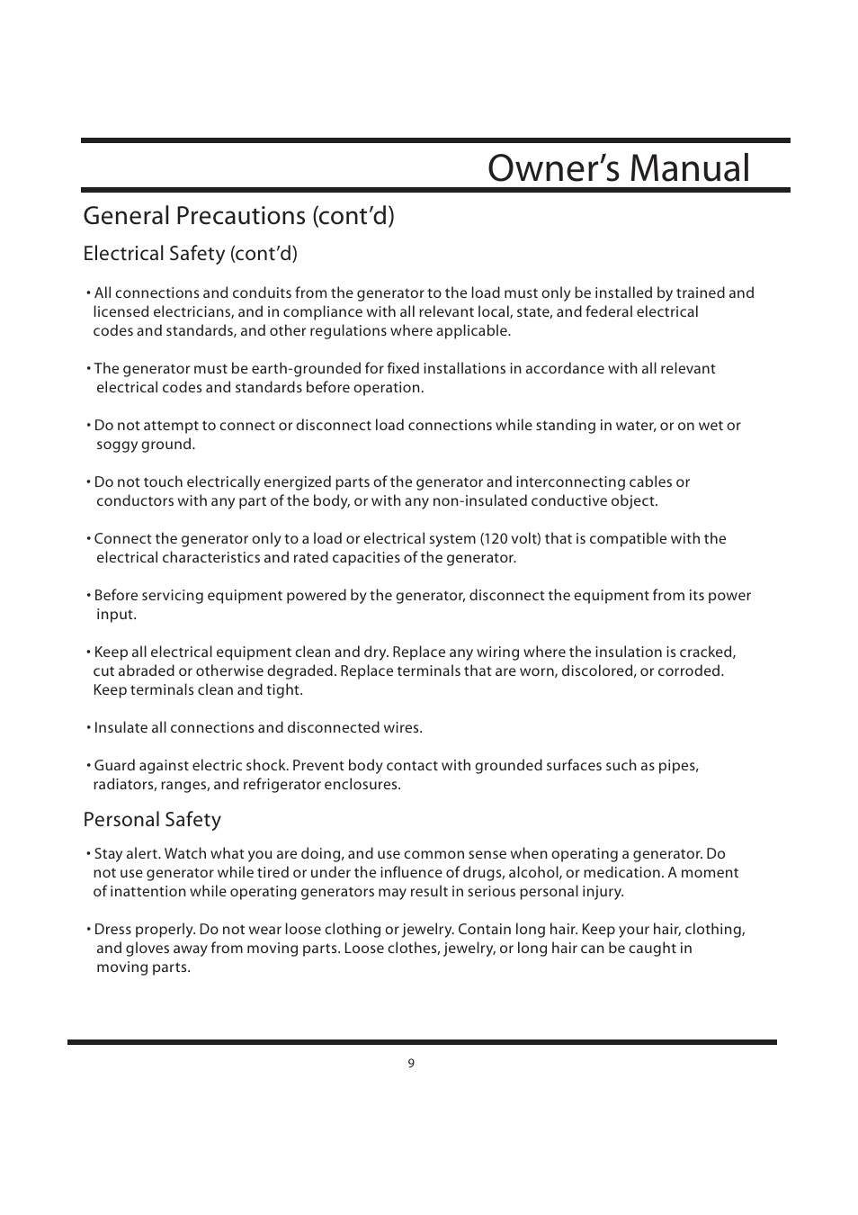 Owner’s manual, General precautions (cont’d) | All Power APG3590CN User Manual | Page 9 / 48