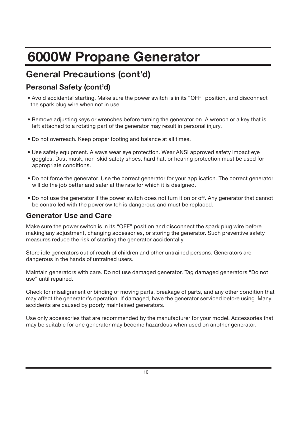 6000w propane generator, General precautions (cont’d) | All Power APG3560CN User Manual | Page 11 / 48