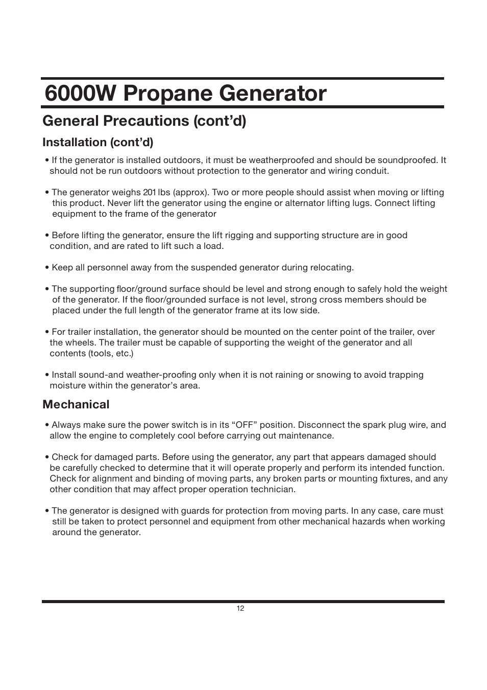 6000w propane generator, General precautions (cont’d) | All Power APG3560CN User Manual | Page 13 / 48
