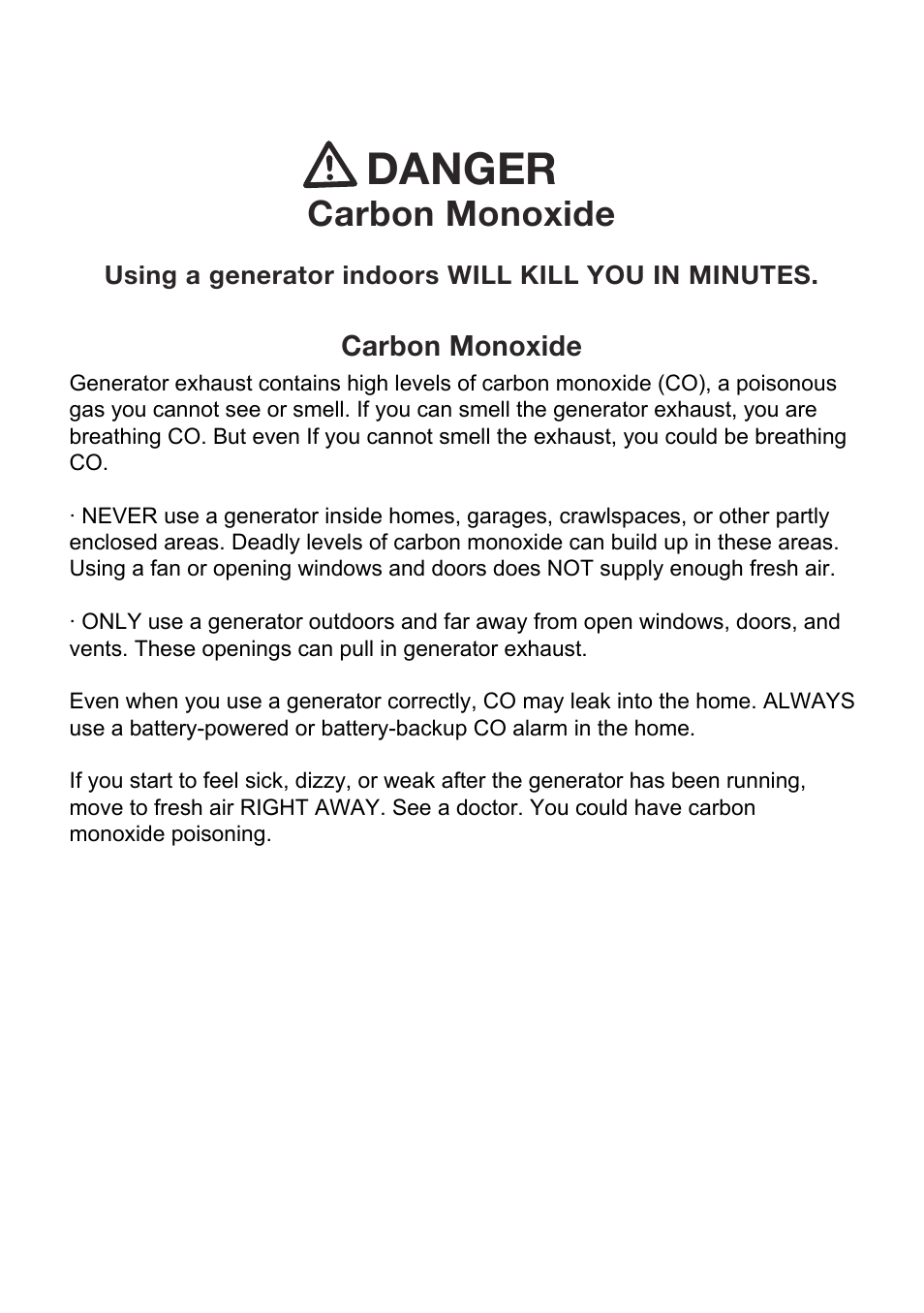 Danger, Carbon monoxide | All Power APG3560CN User Manual | Page 2 / 48