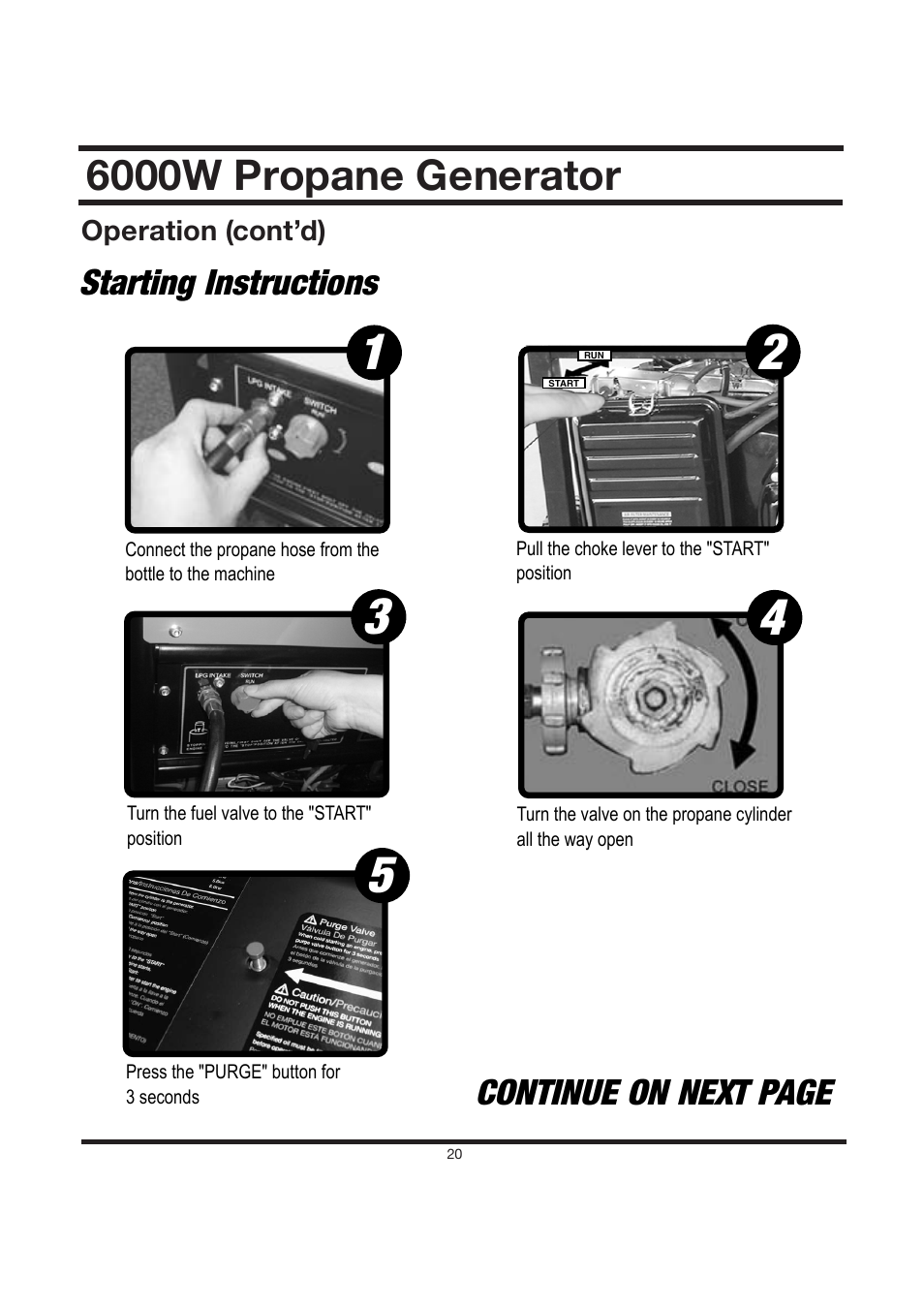 6000w propane generator, Starting instructions, Continue on next page | All Power APG3560CN User Manual | Page 21 / 48