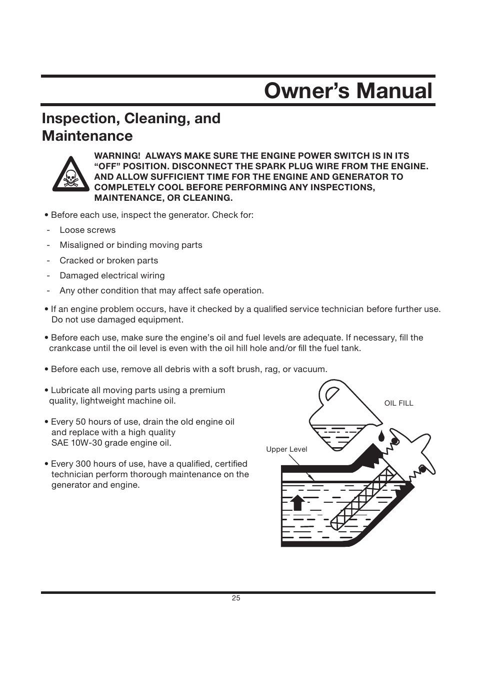 Owner’s manual, Inspection, cleaning, and maintenance | All Power APG3560CN User Manual | Page 26 / 48