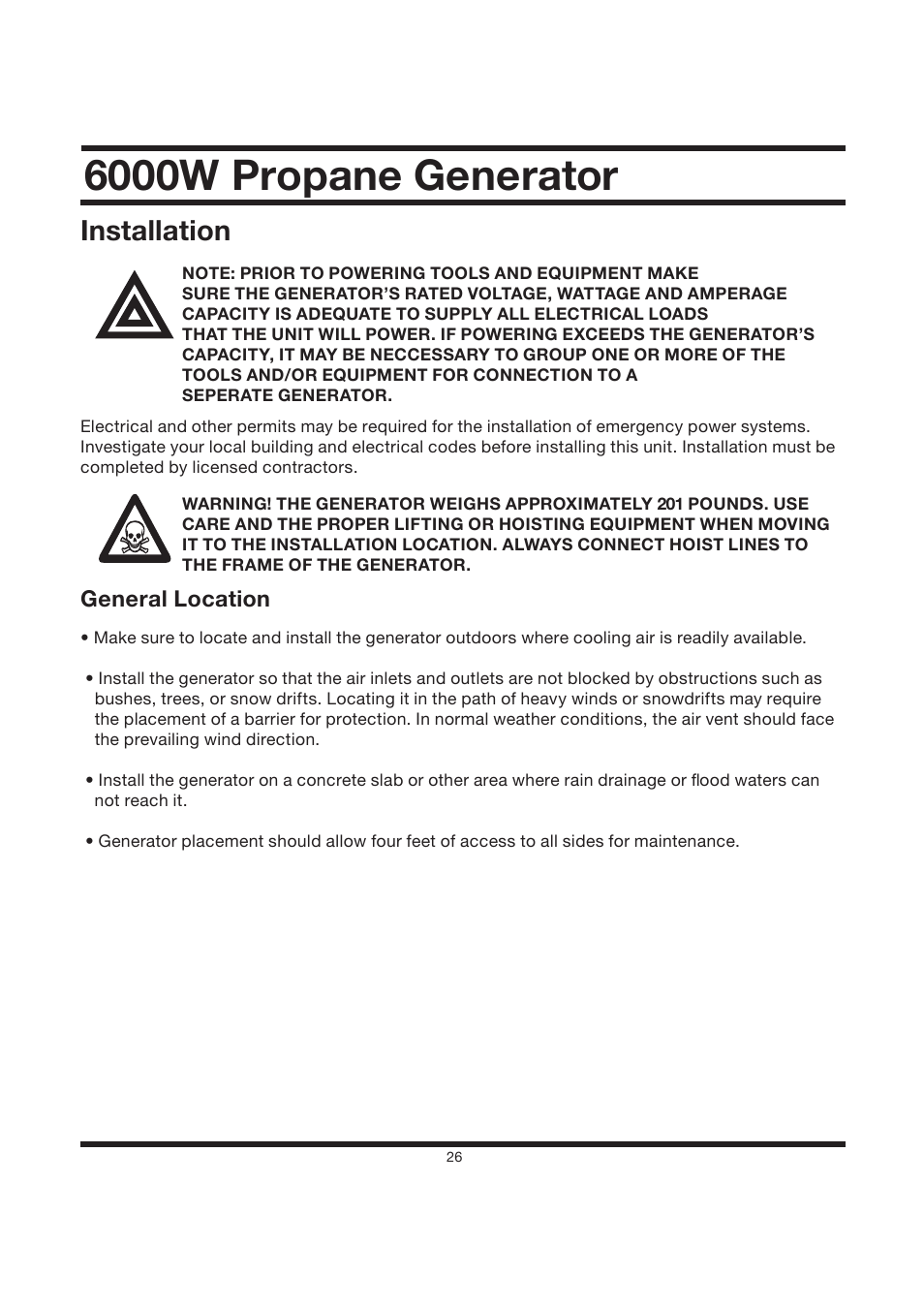 6000w propane generator, Installation, General location | All Power APG3560CN User Manual | Page 27 / 48