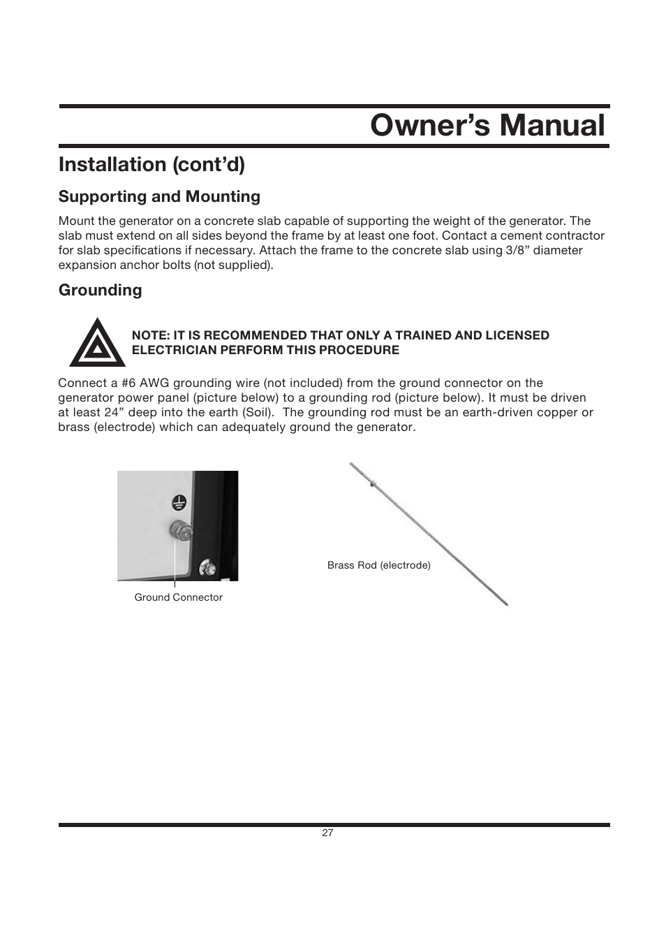 Owner’s manual, Installation (cont’d) | All Power APG3560CN User Manual | Page 28 / 48