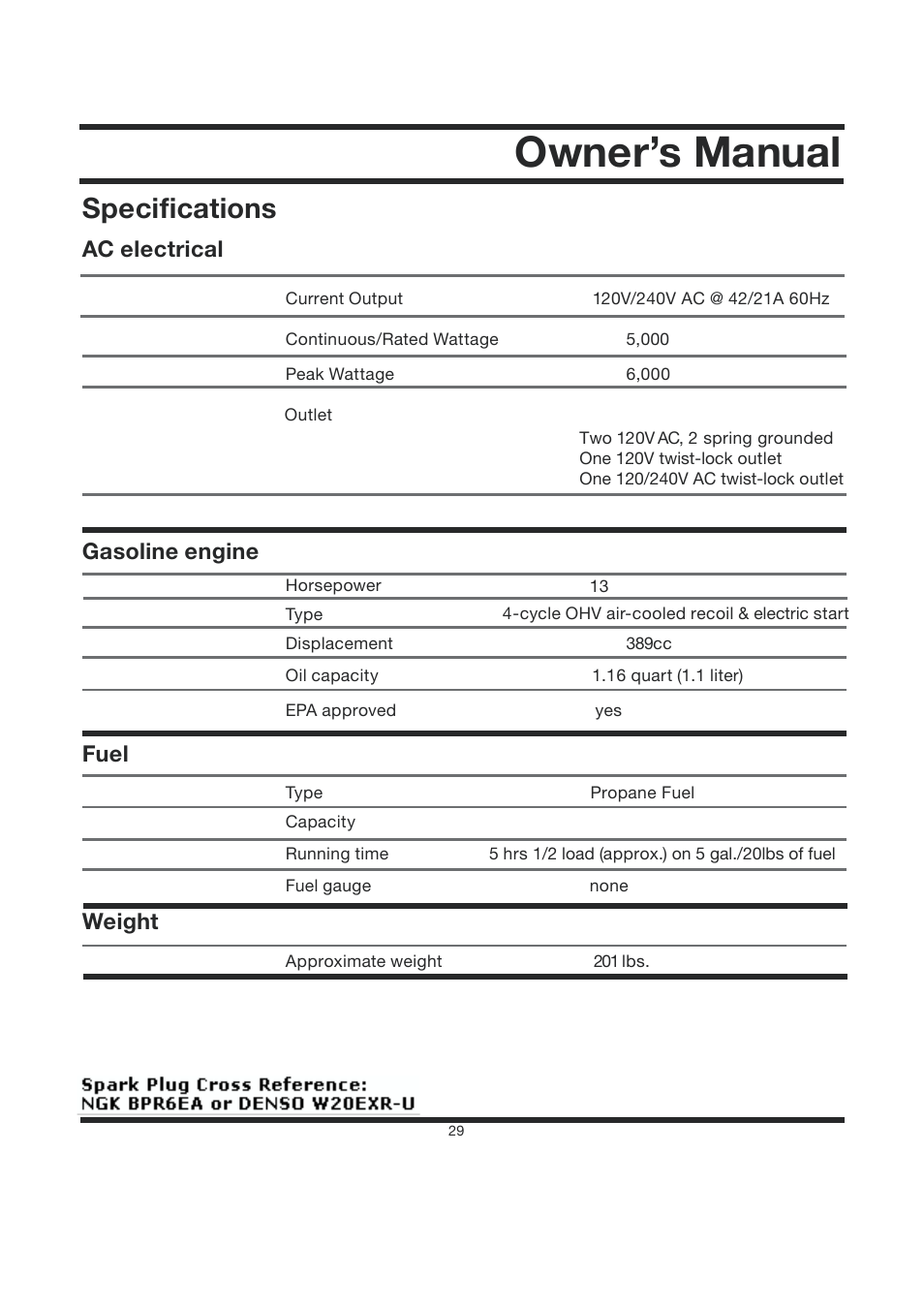 Owner’s manual, Specifications, Ac electrical gasoline engine fuel | Weight | All Power APG3560CN User Manual | Page 30 / 48