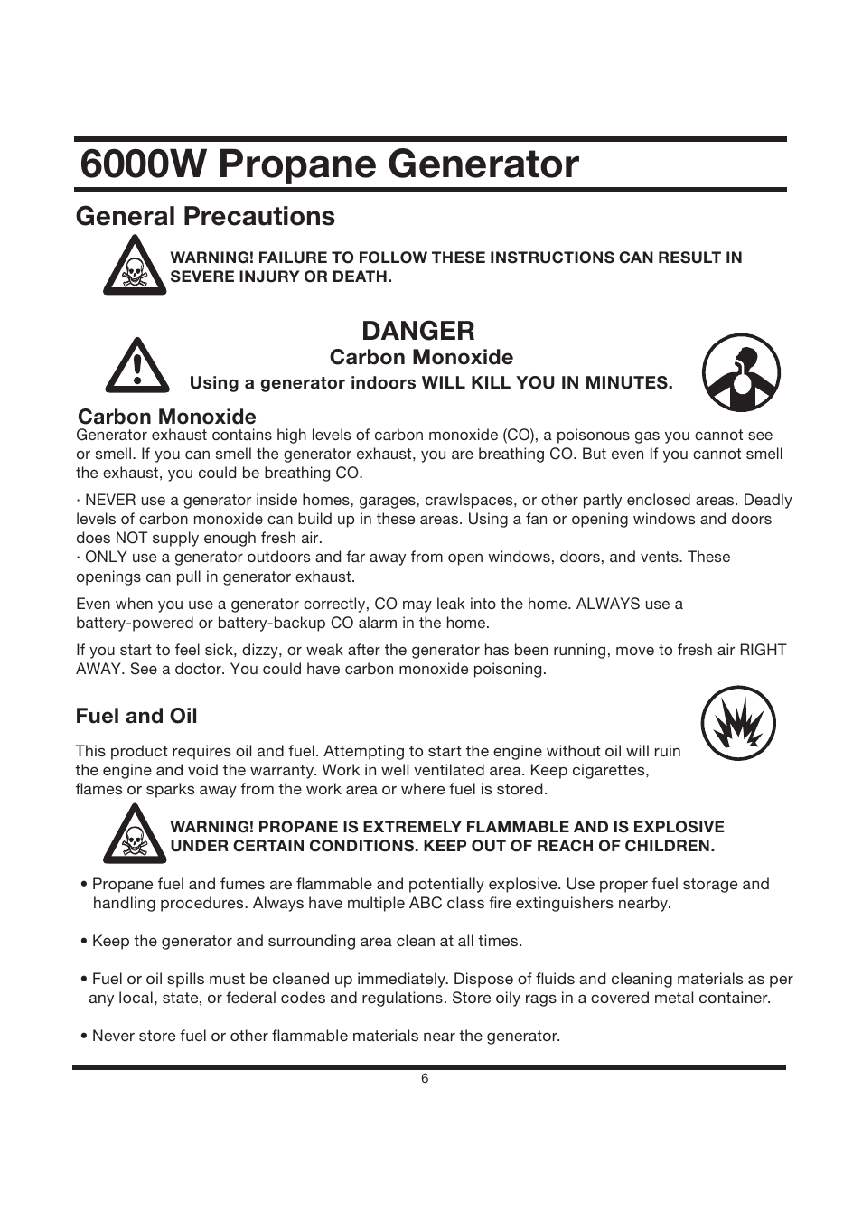 6000w propane generator, General precautions, Danger | All Power APG3560CN User Manual | Page 7 / 48