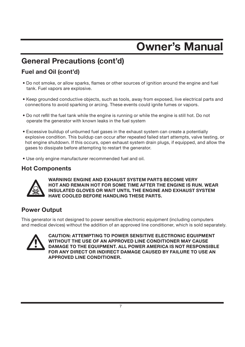 Owner’s manual, General precautions (cont’d), Fuel and oil (cont’d) | Hot components, Power output | All Power APG3560CN User Manual | Page 8 / 48