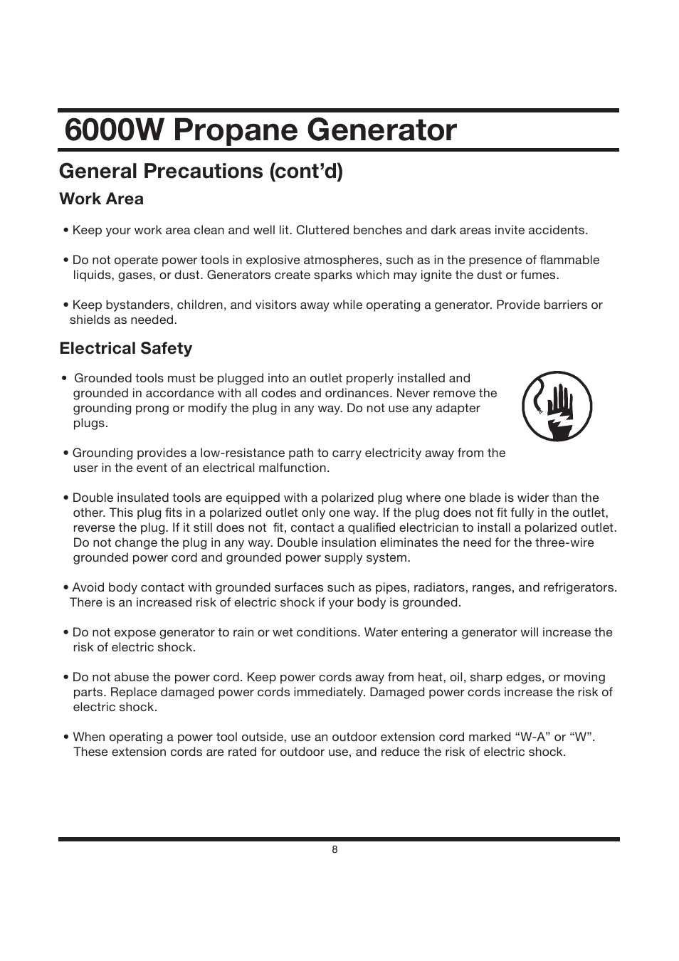 6000w propane generator, General precautions (cont’d), Work area | Electrical safety | All Power APG3560CN User Manual | Page 9 / 48