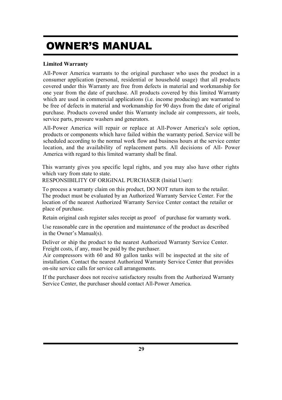 Owner’s manual | All Power APG3201N User Manual | Page 29 / 30
