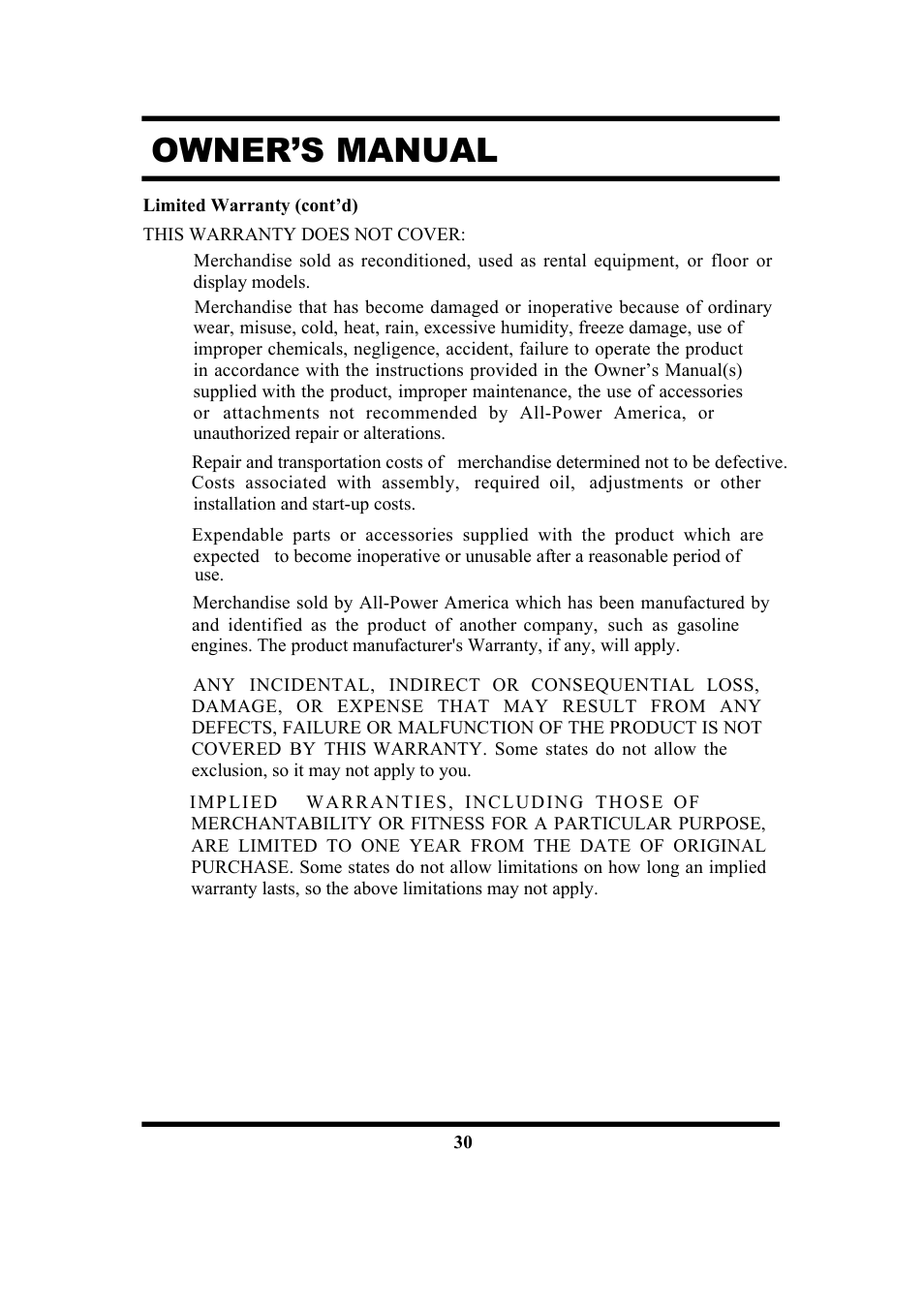Owner’s manual | All Power APG3201N User Manual | Page 30 / 30