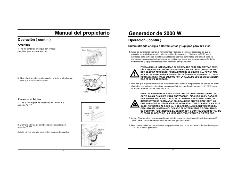 Manual del propietario, Generador de 2000 w, Operación ( contin.) | All Power APG3014 User Manual | Page 10 / 25