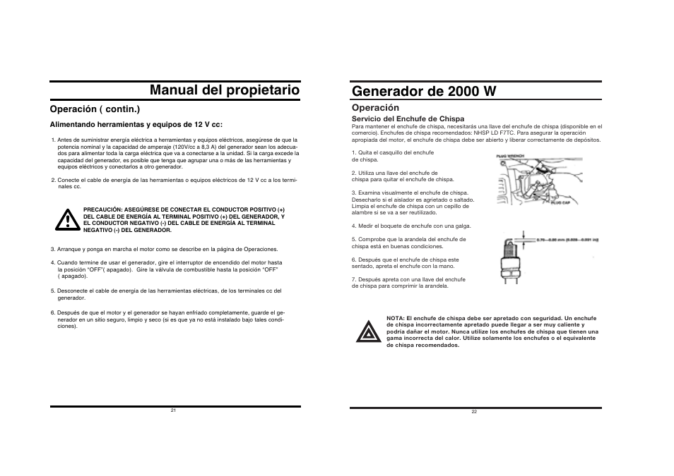 Manual del propietario generador de 2000 w, Operación ( contin.), Operación | All Power APG3014 User Manual | Page 11 / 25