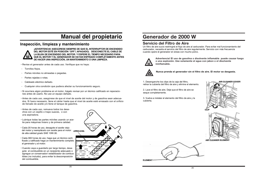 Manual del propietario, Generador de 2000 w, Inspección, limpieza y mantenimiento | Servicio del filtro de aire | All Power APG3014 User Manual | Page 13 / 25