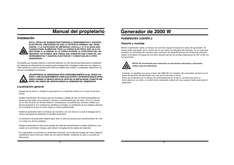 Generador de 2000 w, Manual del propietario, Instalación | Instalación (contin.) | All Power APG3014 User Manual | Page 15 / 25