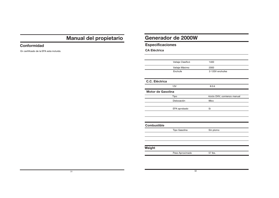 Manual del propietario, Generador de 2000w, Conformidad | Especificaciones | All Power APG3014 User Manual | Page 16 / 25