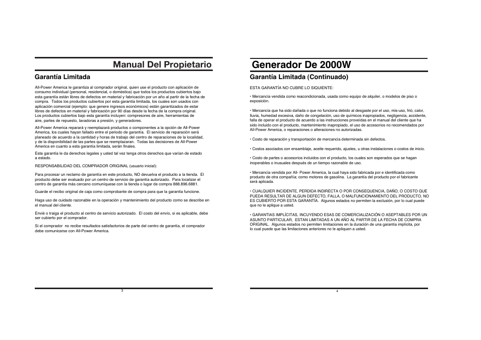 Generador de 2000w, Manual del propietario, Garantía limitada | Garantía limitada (continuado) | All Power APG3014 User Manual | Page 2 / 25
