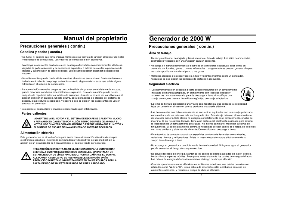 Manual del propietario, Generador de 2000 w, Precauciones generales ( contin.) | All Power APG3014 User Manual | Page 4 / 25