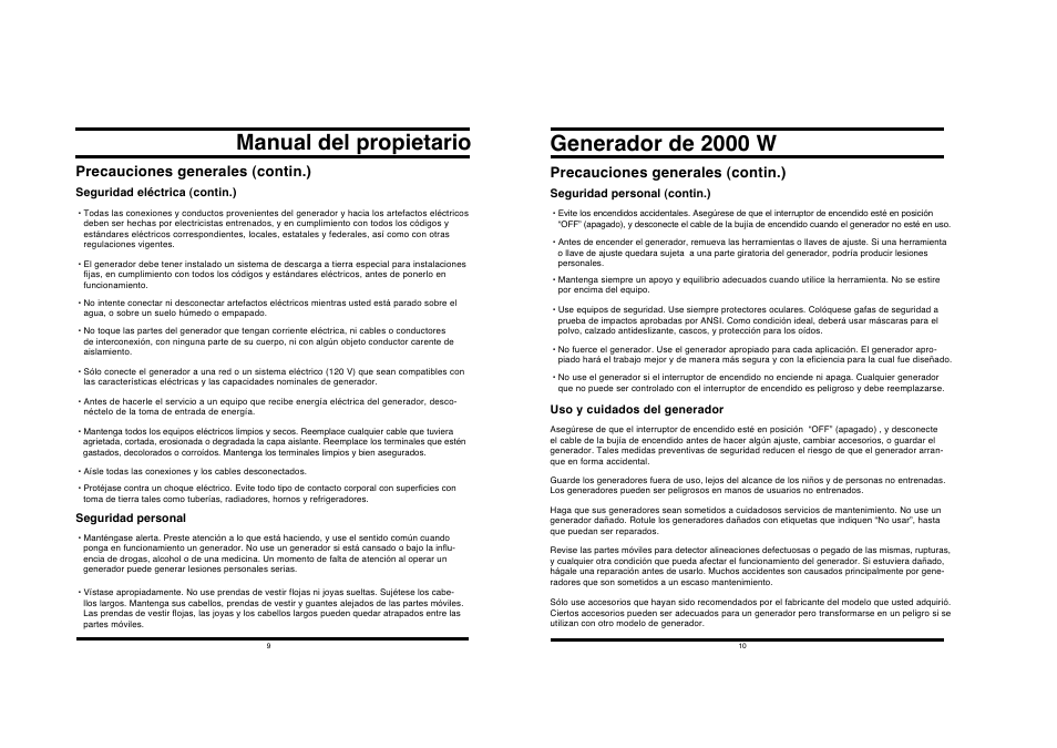 Manual del propietario, Generador de 2000 w, Precauciones generales (contin.) | All Power APG3014 User Manual | Page 5 / 25