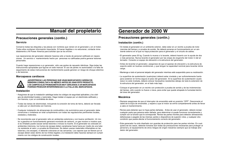 Manual del propietario, Generador de 2000 w, Precauciones generales (contin.) | All Power APG3014 User Manual | Page 6 / 25